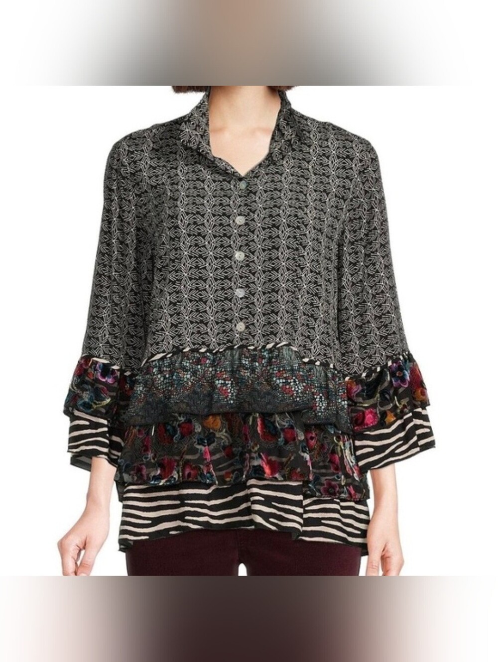 John Mark Womens Top L Black White Layered Tier Ruffles 3/4 Bell Sleeve Boho